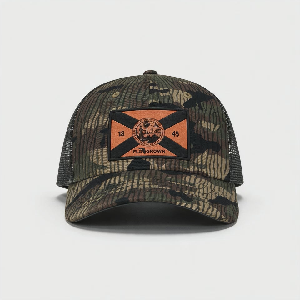 Video showing 180 view of the camo hat with Florida flag patch and trucker mesh backing.
