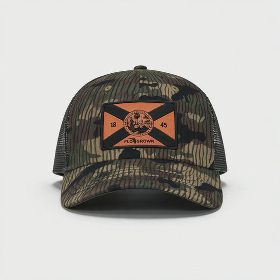 Video showing 180 view of the camo hat with Florida flag patch and trucker mesh backing.