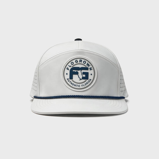 180 degree video of the white hat with a rubber FG patch and navy rope across the brim with white perforated backing.