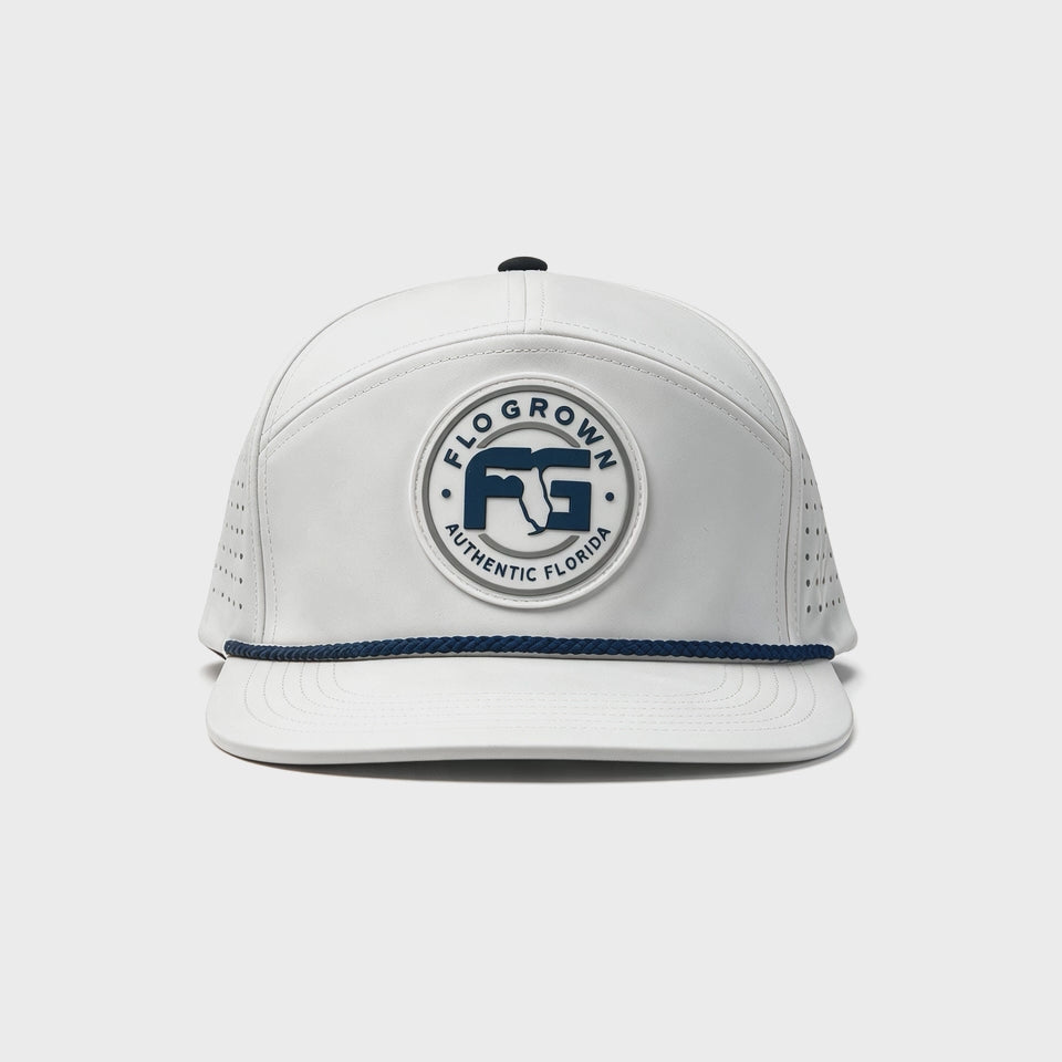 180 degree video of the white hat with a rubber FG patch and navy rope across the brim with white perforated backing.