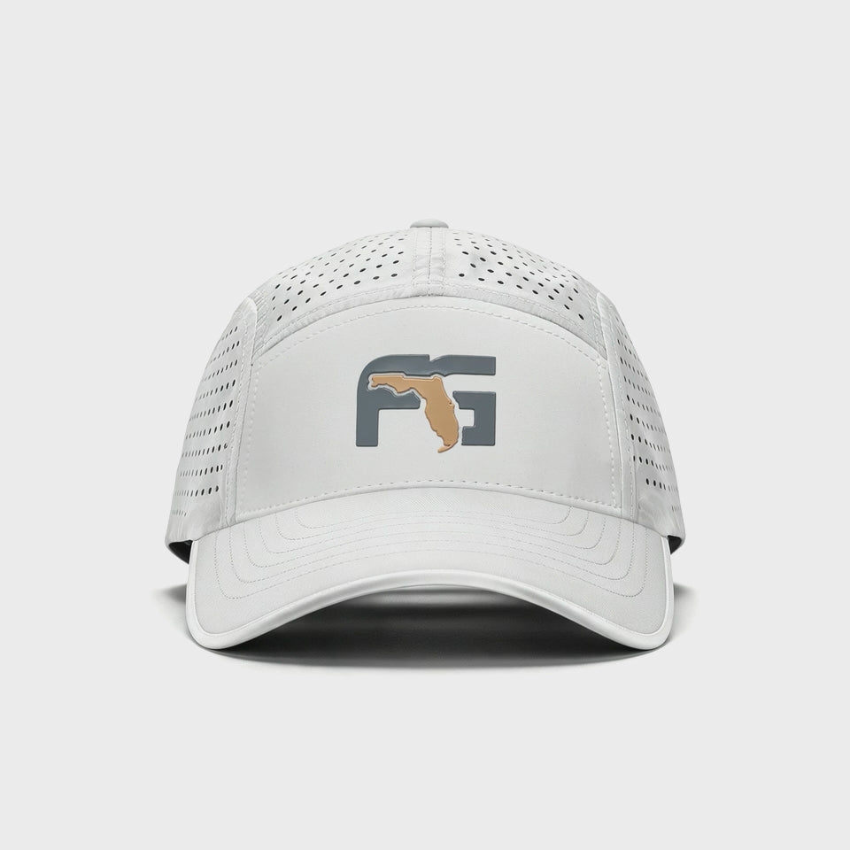 Video showing all sides of the white hat with perforated backing.
