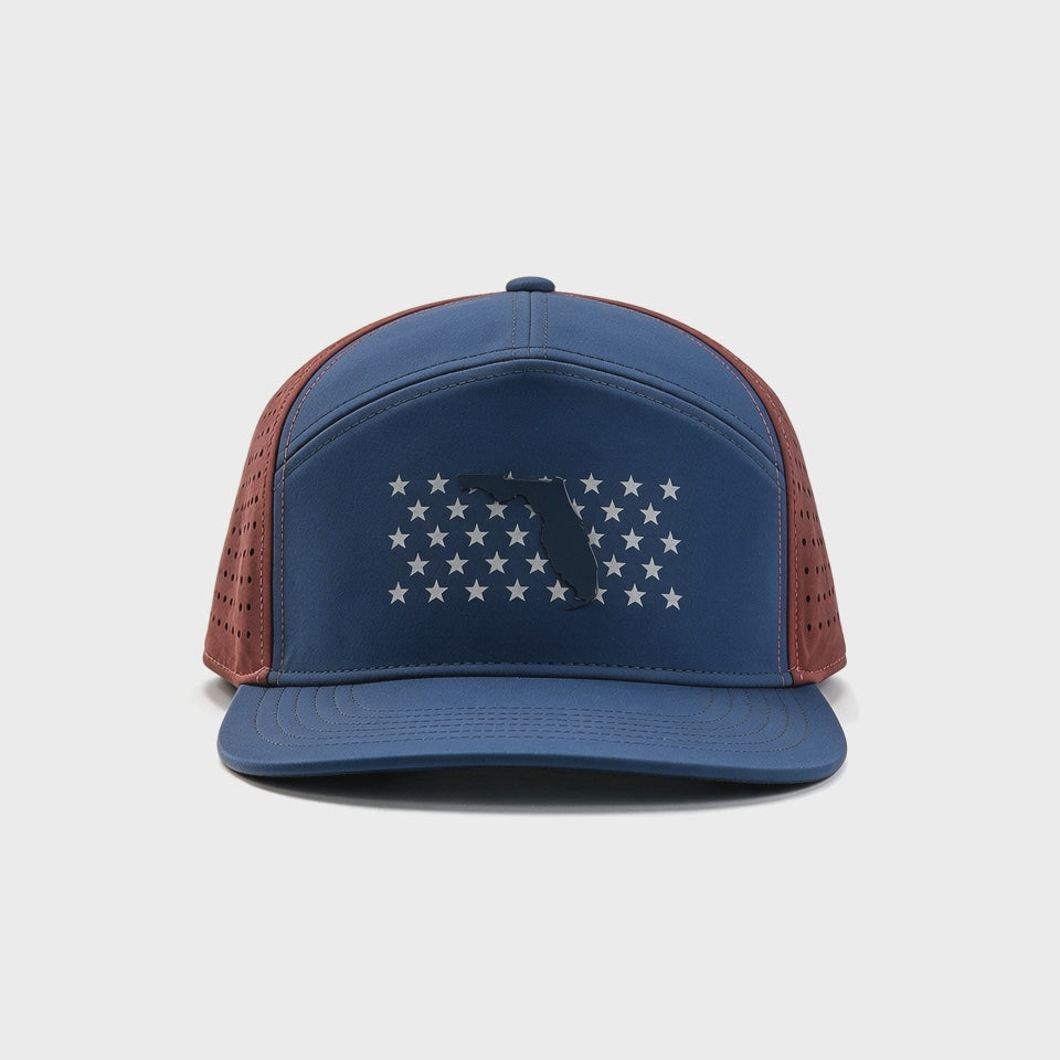 Video showing 180 degree view of the blue crown and bill with stars and the state of Florida on the crown and a red perforated backing.