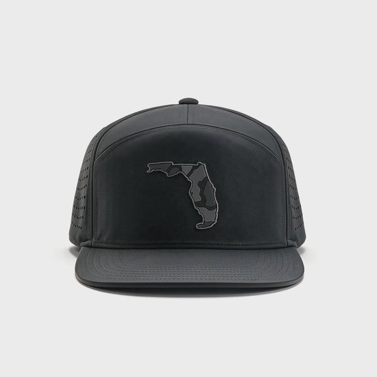 Video showing 180 degree view of the black hat with Florida flag camo patch and black perforated backing.
