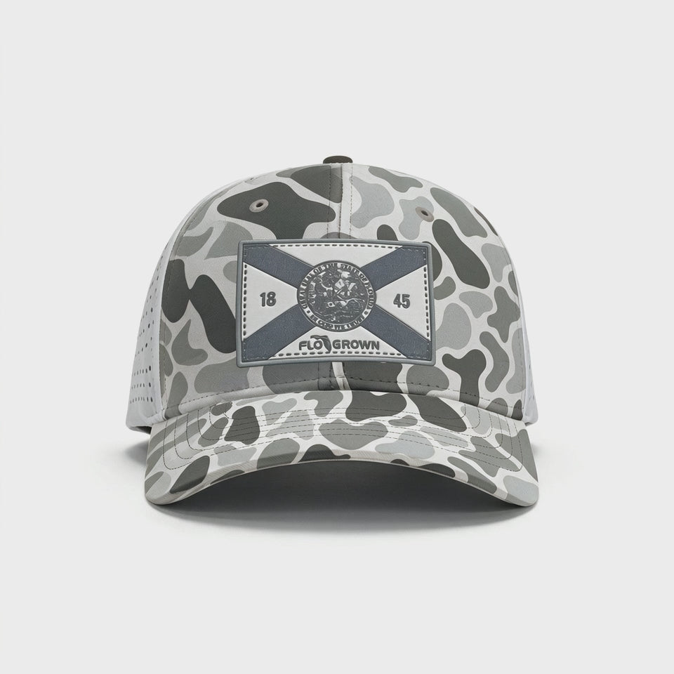 Video of a 180 view of the hat showing the gray camo front with Florida flag patch and the perforated backing.